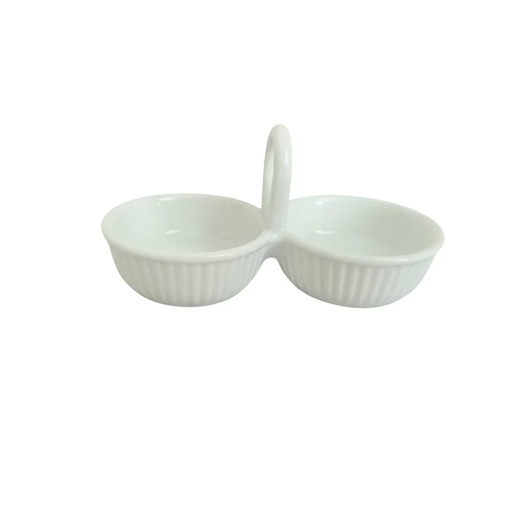 Crate & Barrel Double Condiment Server White Porcelain Small Handle Excellent
